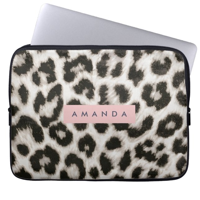 Personalized Bold Black & White Leopard Print  Laptop Sleeve (Front)
