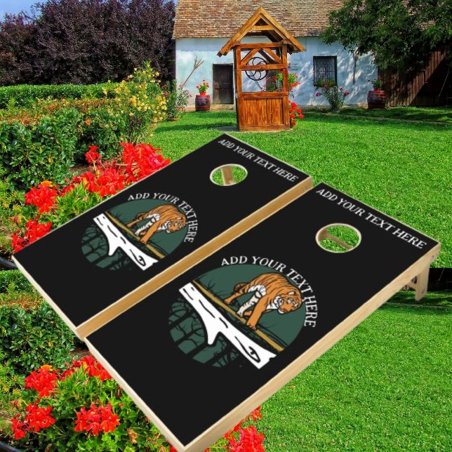 Personalized Bold Cat Tiger On Black Cornhole Set (Creator Uploaded)