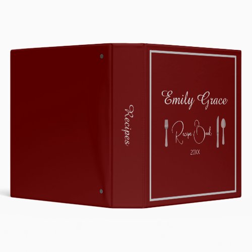 Personalized Bold Dark Red Recipe 3 Ring Binder