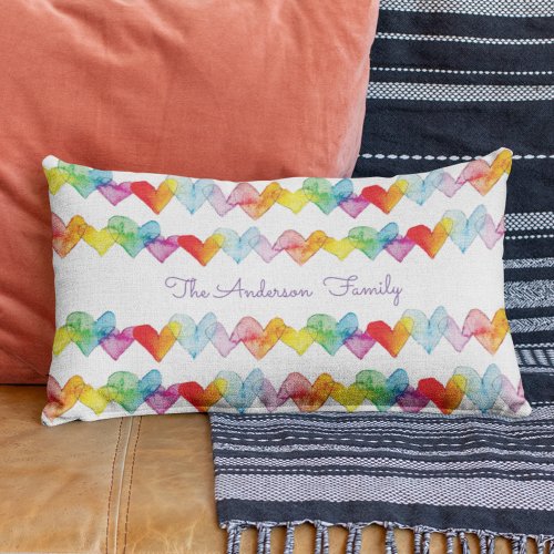 Personalized Bold Modern Watercolor Hearts Lumbar Pillow