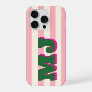 Personalized Bold Monogram, Pink Stripe iPhone 15 Pro Case