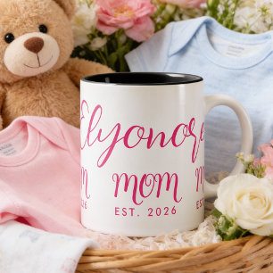 Personalized Bold  Name Est New Mom Pink Script  Two-Tone Coffee Mug