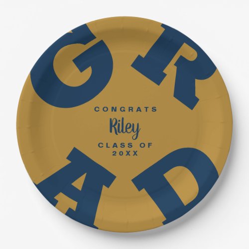 Personalized Bold Navy and Gold Graduation Paper Plates