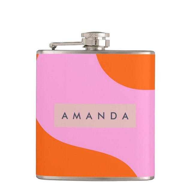 Personalized Bold Orange and Pink Wave Stripe Flask (Front)