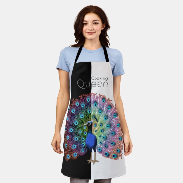 Personalized Bold Peacock Cooking Queen  Apron (Worn)