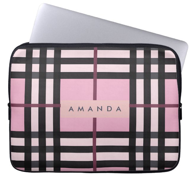 Personalized Bold Pink & Black Plaid Pattern Laptop Sleeve (Front)