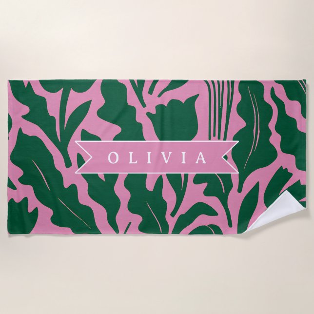 Personalized Bold Pink Botanical Floral Name Gift Beach Towel (Front)
