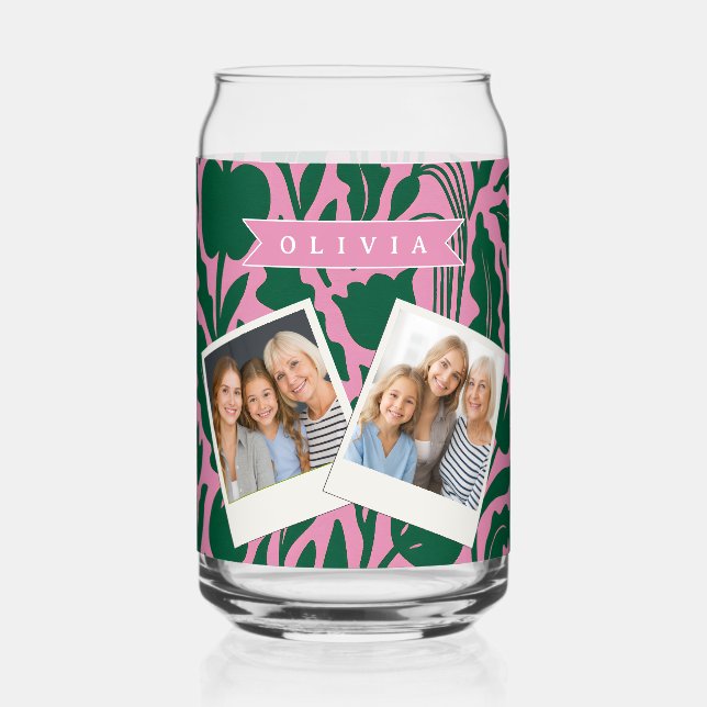 Personalized Bold Pink Botanical Floral Name Gift Can Glass (Front)