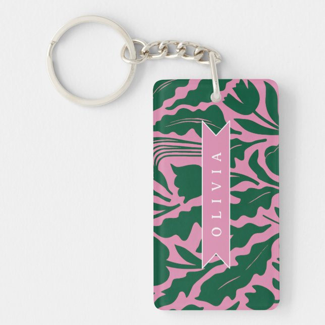 Personalized Bold Pink Botanical Floral Name Gift Keychain (Front)