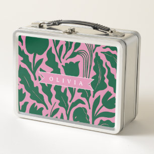 Personalized Bold Pink Botanical Floral Name Gift Metal Lunch Box
