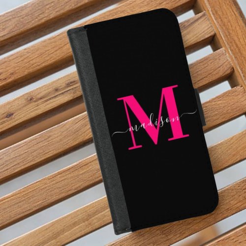 Personalized Bold Pink Name Initial l Clean Black iPhone 87 Wallet Case