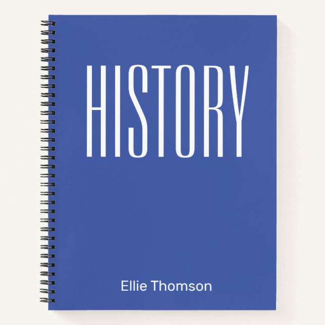 Personalized Bold Typography History Subject Blue Notebook (Front)