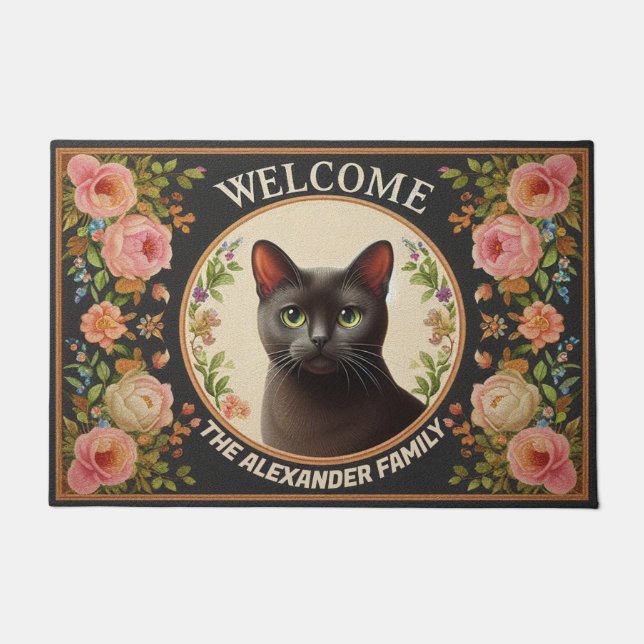 Personalized Bombay Cat, Floral Kitten Welcome Doormat (Front)