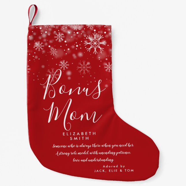 Personalized Bonus Mom Stepmom Quote Holiday Snow Small Christmas Stocking (Front)