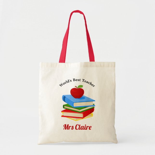 Personalized Book & Apple Teacher Tote Bag (Front)