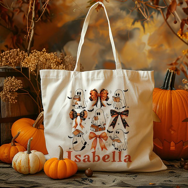 Personalized Book Bows Ghost Trick Or Treat Candy Tote Bag (Creator Uploaded)