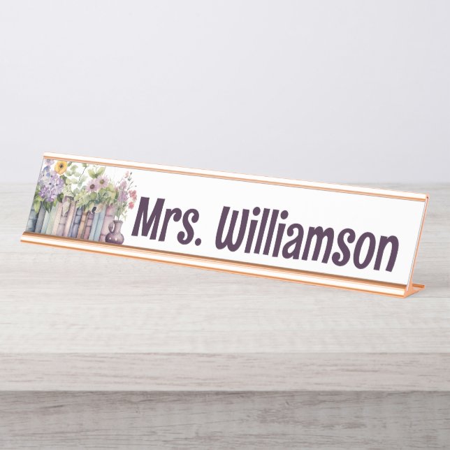 Personalized Book Flower Classroom Teacher Desk Name Plate (Front)