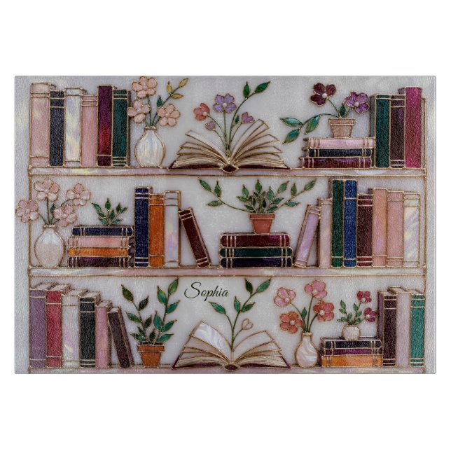 Personalized Book Lover Cutting Board Floral Books (Front)