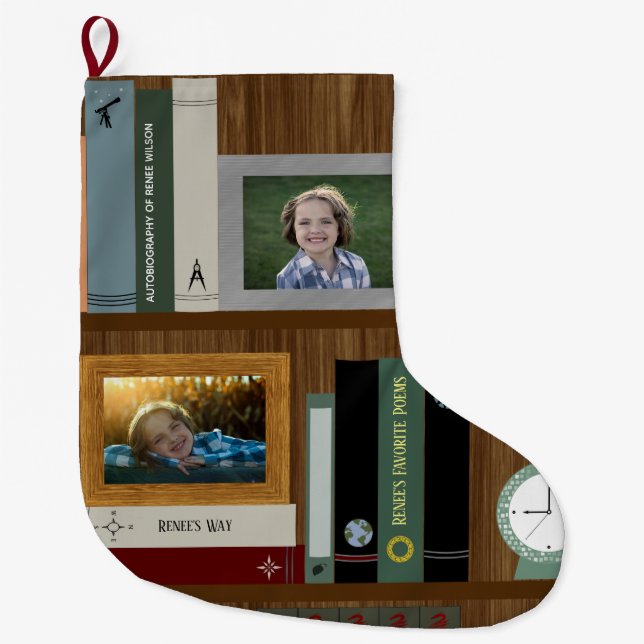 Personalized Book Lover's Bookshelf Large Christmas Stocking (Front)