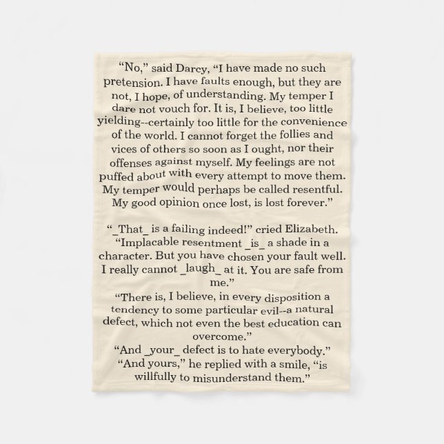 Personalized Book Quote Text Pride & Prejudice Fleece Blanket (Front)