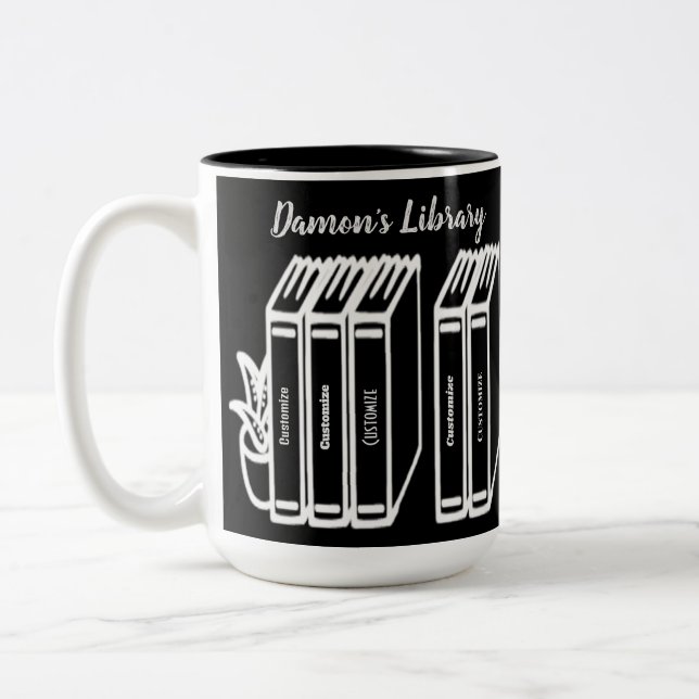 Personalized Book Titles Library Black Two-Tone Coffee Mug (Left)
