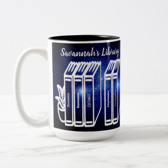 Personalized Book Titles Library Blue Galaxy Two-Tone Coffee Mug (Left)