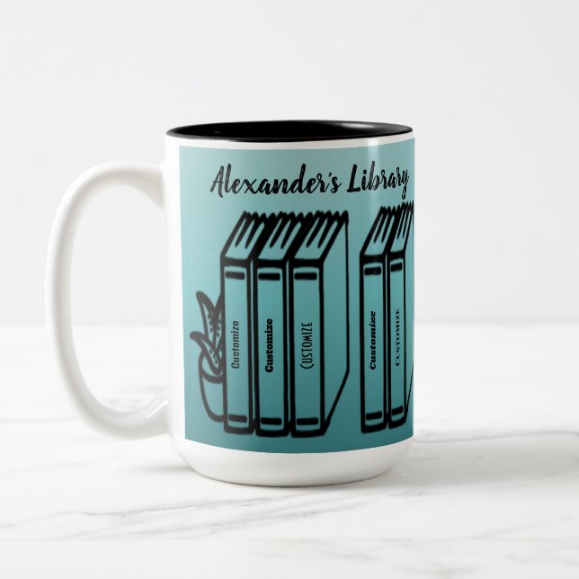 Personalized Book Titles Library Teal Two-Tone Coffee Mug (Left)