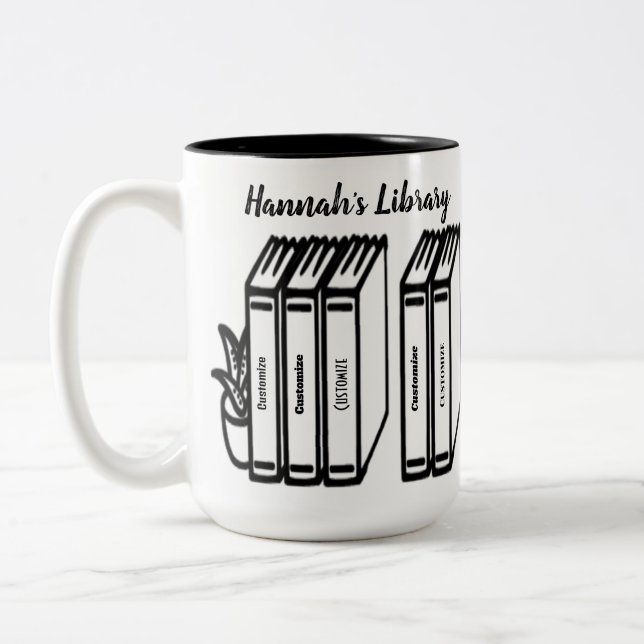 Personalized Book Titles Library White Two-Tone Coffee Mug (Left)