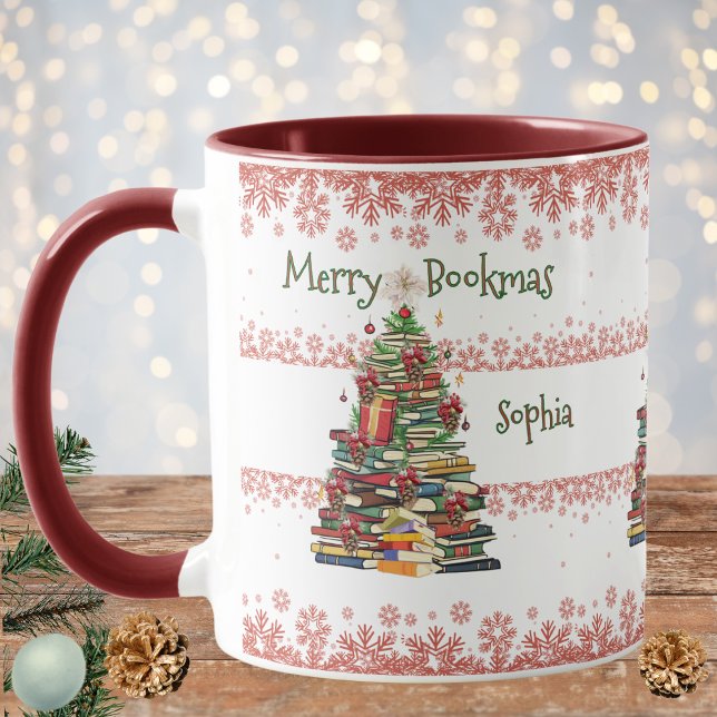 Personalized Book Tree With Red Snowflakes Pattern Mug (Creator Uploaded)