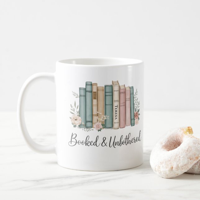 Personalized “Booked & Unbothered” Reader Gift Coffee Mug (With Donut)