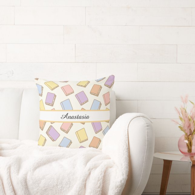 Personalized Bookish Girl Cute Bow Name Cream Throw Pillow (Couch)