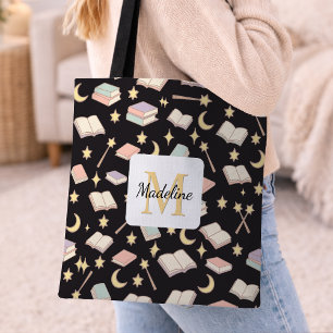 Personalized Bookish Girl Cute Magic Name Dark Tote Bag