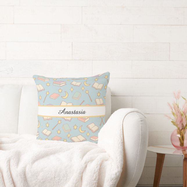 Personalized Bookish Girl Wizard Magic Name Blue Throw Pillow (Couch)