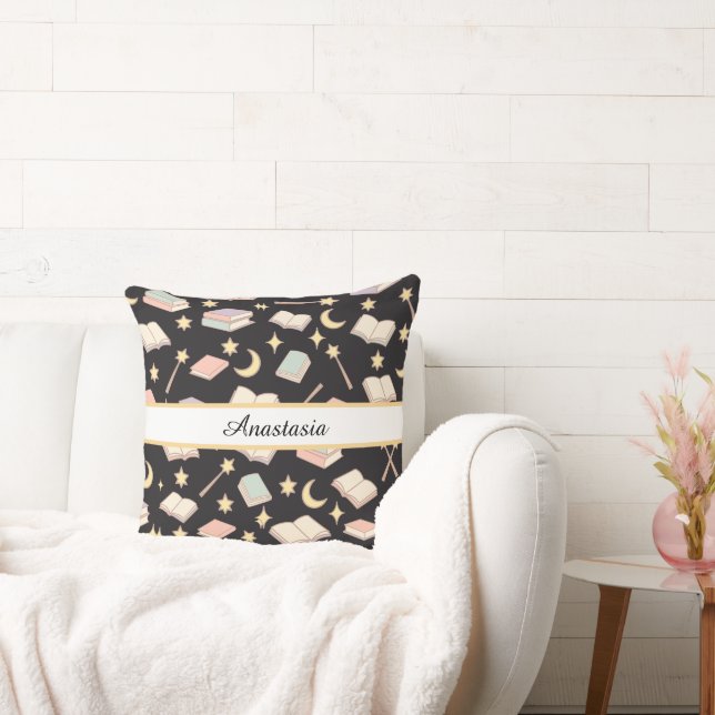 Personalized Bookish Girl Wizard Magic Name Dark Throw Pillow (Couch)