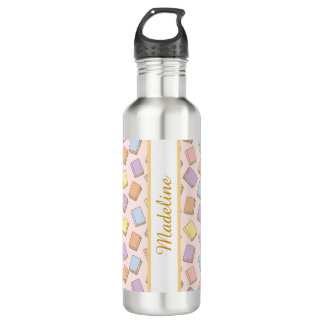 Personalized Bookish Girly Cute Bow Name Pink Back Stainless Steel Water Bottle