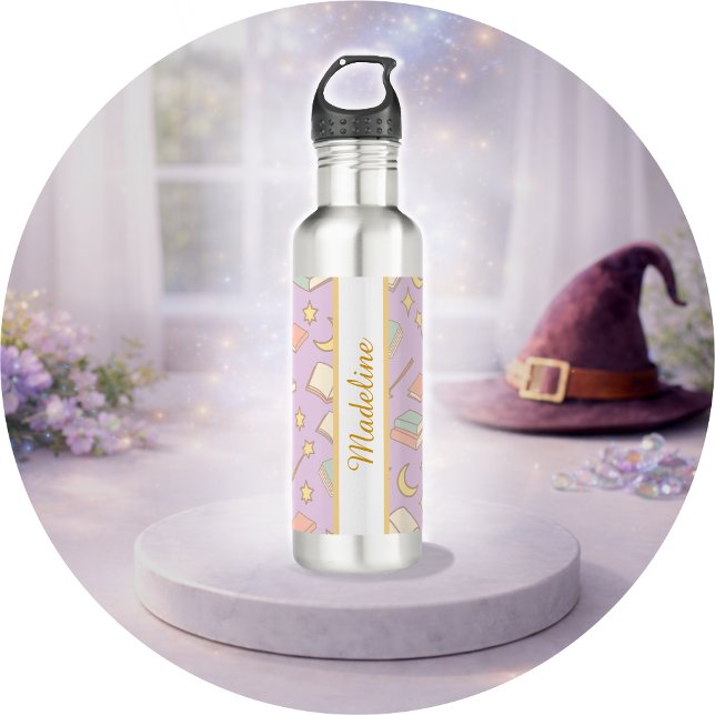Personalized Bookish Girly Cute Wizard Name Purple Stainless Steel Water Bottle (Creator Uploaded)