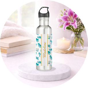 Personalized Bookish Girly Genie Bow Name Teal Stainless Steel Water Bottle