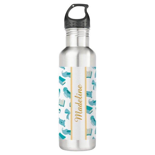 Personalized Bookish Girly Genie Bow Name Teal Stainless Steel Water Bottle (Front)