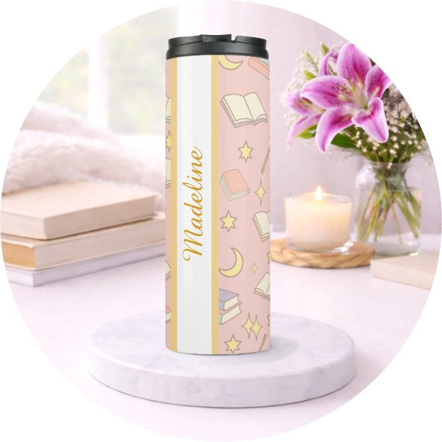 Personalized Bookish Girly Magic Time Pink Name Thermal Tumbler (Creator Uploaded)