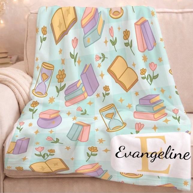 Personalized Bookish Magic Pastel Girl Name Green Fleece Blanket (Creator Uploaded)