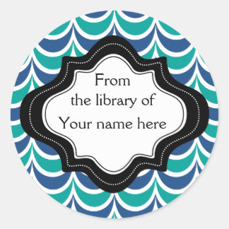 Personalized Bookplates|Blue Green  Wavy Stripes Classic Round Sticker