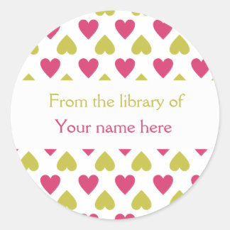 Personalized Bookplates|Pink Green Hearts Classic Round Sticker