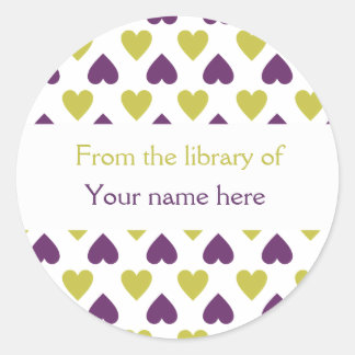 Personalized Bookplates|Purple Green Hearts Classic Round Sticker
