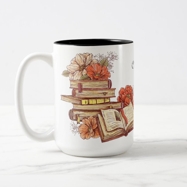 Personalized Books And Flowers Two-Tone Coffee Mug (Left)