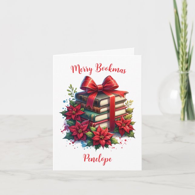 Personalized Books and Poinsettias Merry Bookmas Card (Front)