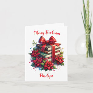Personalized Books and Poinsettias Merry Bookmas Card