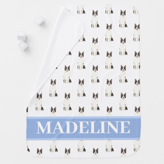 Personalized Border Collie Blue & White Baby Blanket (In Situ)
