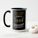 Personalized Born in 1999 Legend Black Gold Retro Mug<br><div class="desc">For those born in 1999 and celebrating a birthday we have the ideal personalized birthday coffee mug. The black background with a white and gold vintage typography design design is simple and yet elegant with a retro feel. Easily customize the text of this birthday gift using the template provided. More...</div>