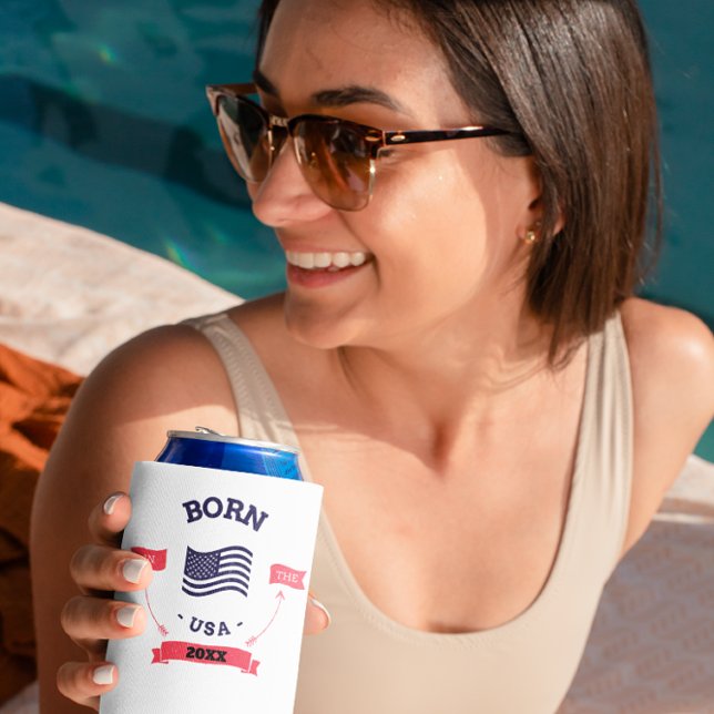 Personalized Born in the USA Patriotic Can Cooler  (Creator Uploaded)