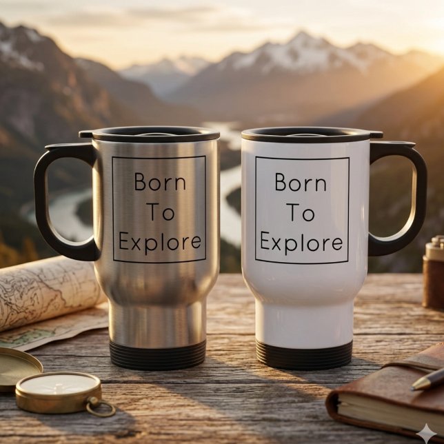 Personalized Born To Explore Travel Mug (Travel mug with personalized text reads "Born To Explore")